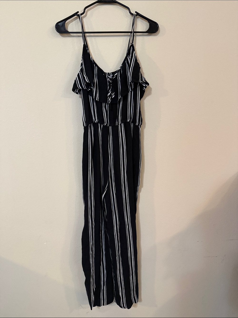 Moral Fiber Black & White Striped Ruffle Spaghetti-Strap Jumpsuit